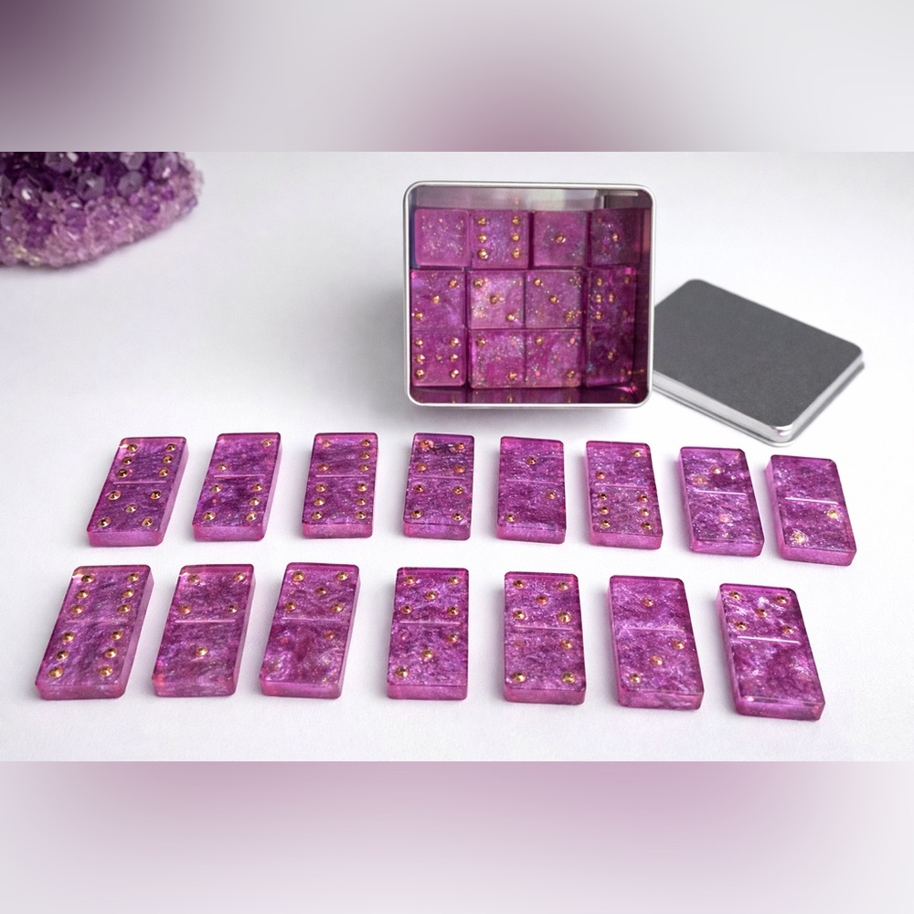 💙Handcrafted Pink Luxe Resin Domino Set – Gold Detail + Travel Tin